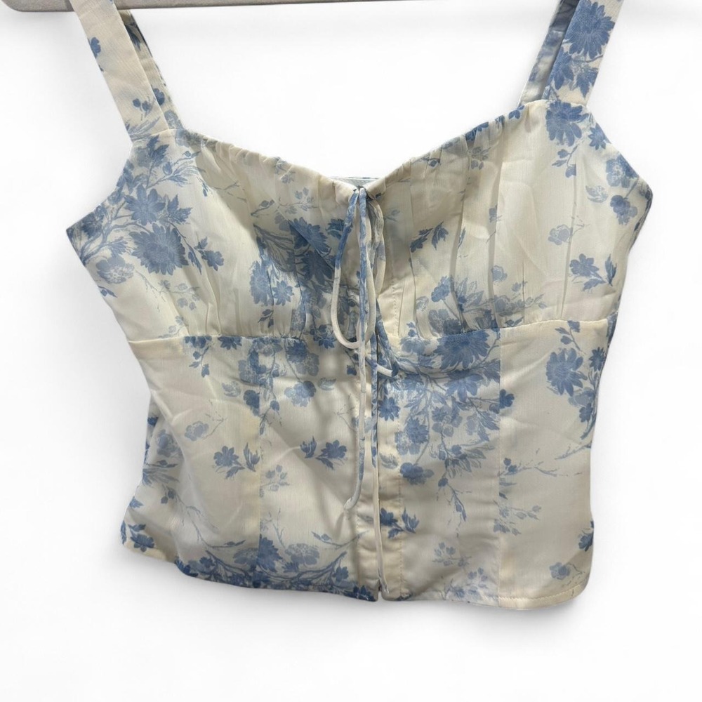 Princess Polly Blue Floral Corset Cami Top Toile Print Tie Front US 2